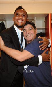 ROME, ITALY - SEPTEMBER 01:  Samuel Eto'o and Diego Maradona attends in the locker room of players  before of the Interreligious Match For Peace at Olimpico Stadium on September 1, 2014 in Rome, Italy.  (Photo by Pier Marco Tacca/Getty Images) *** Local Caption *** Samuel Eto'o;Diego Maradona